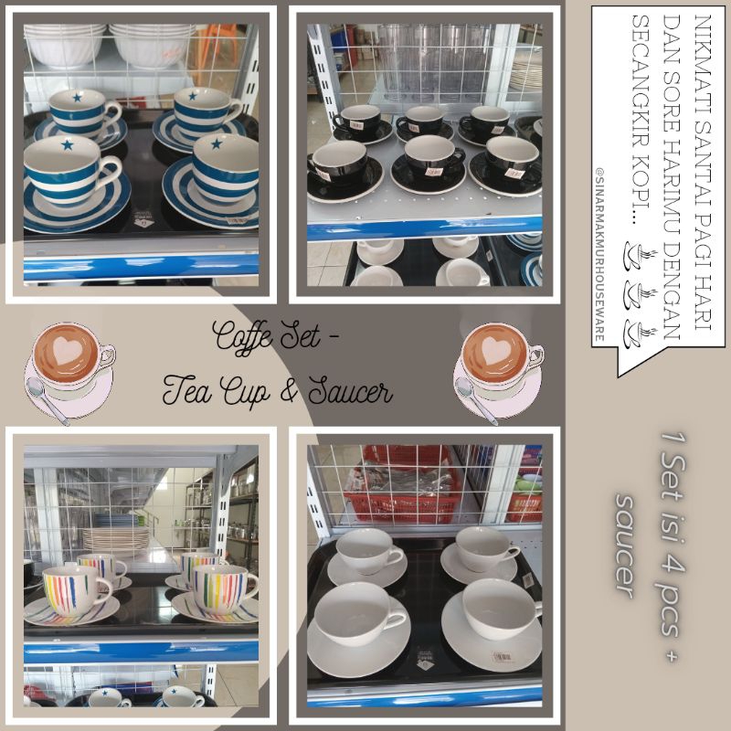 Gelas Keramik Porselen Gelas Kopi 1 set Coffe Set & Saucer / Tea Cup & Saucer Motif Unik 1 Set 4 pcs