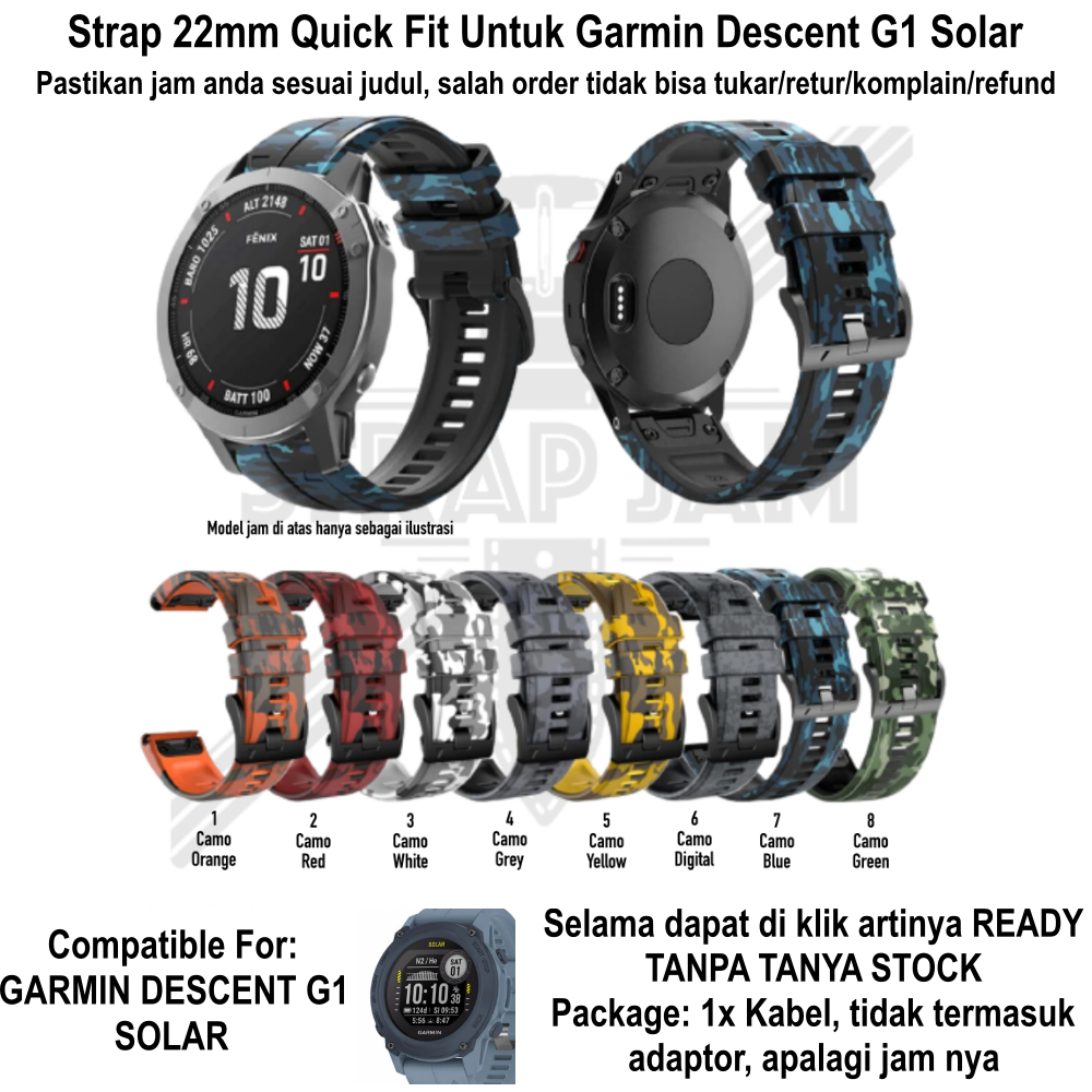 CQF Strap Garmin Descent G1 Solar - Tali Jam Quick Fit 22mm Army Camo Keren