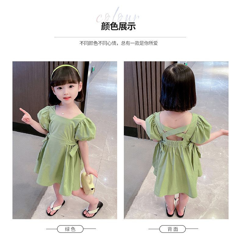 Dress Anak Perempuan Sage Green Motif Polos Pita Samping Tali Silang Belakang