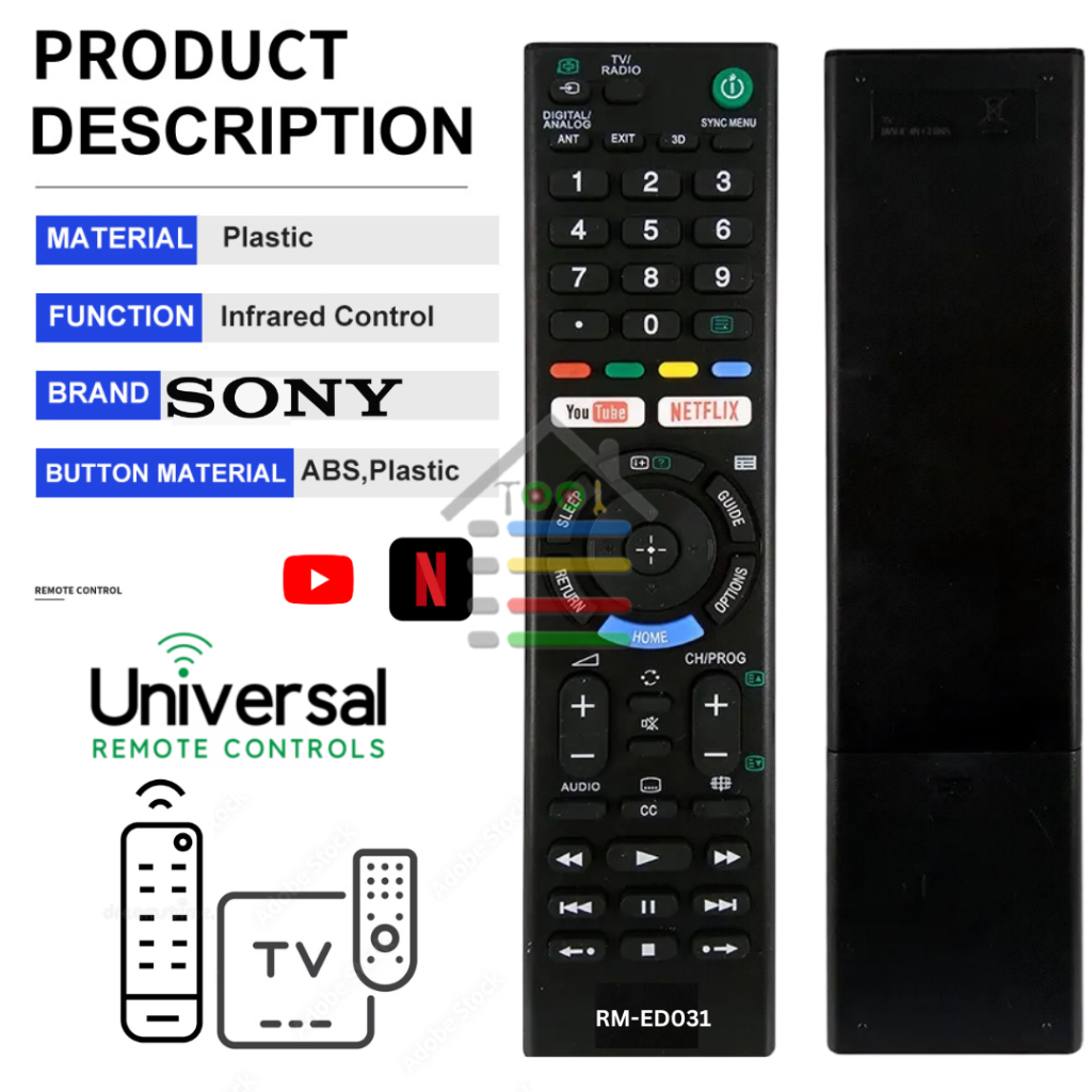 REMOTE TV LED SONY BRAVIA SMART TV NETFLIX YOUTUBE MULTI UNIVERSAL ED031 NETFLIX