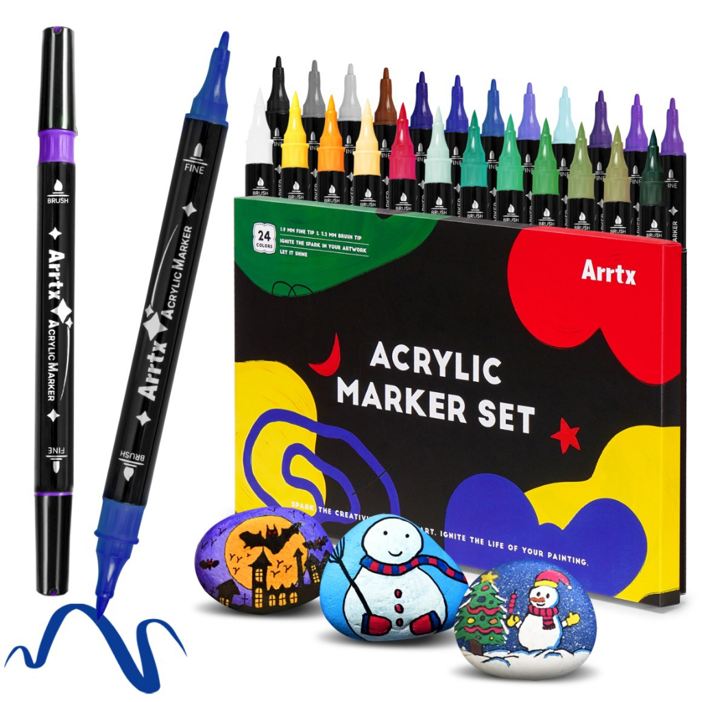 

Arrtx Acrylic Marker 24 Colours, Brush Tip and Fine Tip (Dual Tip)