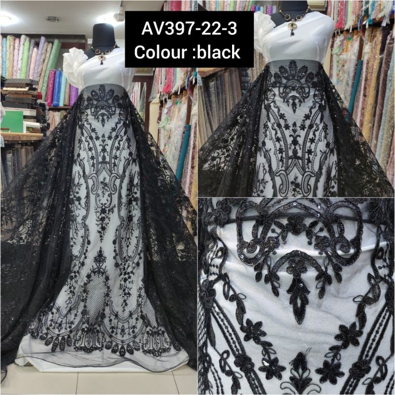 Kain Tile Brokat Etnik Payet Batu Akar Bridal AV397-22-3 Hitam