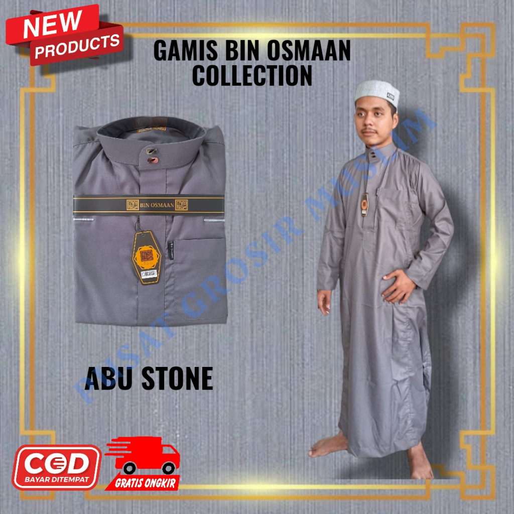 Jubah Pria Gamis Bin Usman Abu Abu / Jubbah Mewah Model Terbaru / Gamis Bin Osmaan Kerah Standar