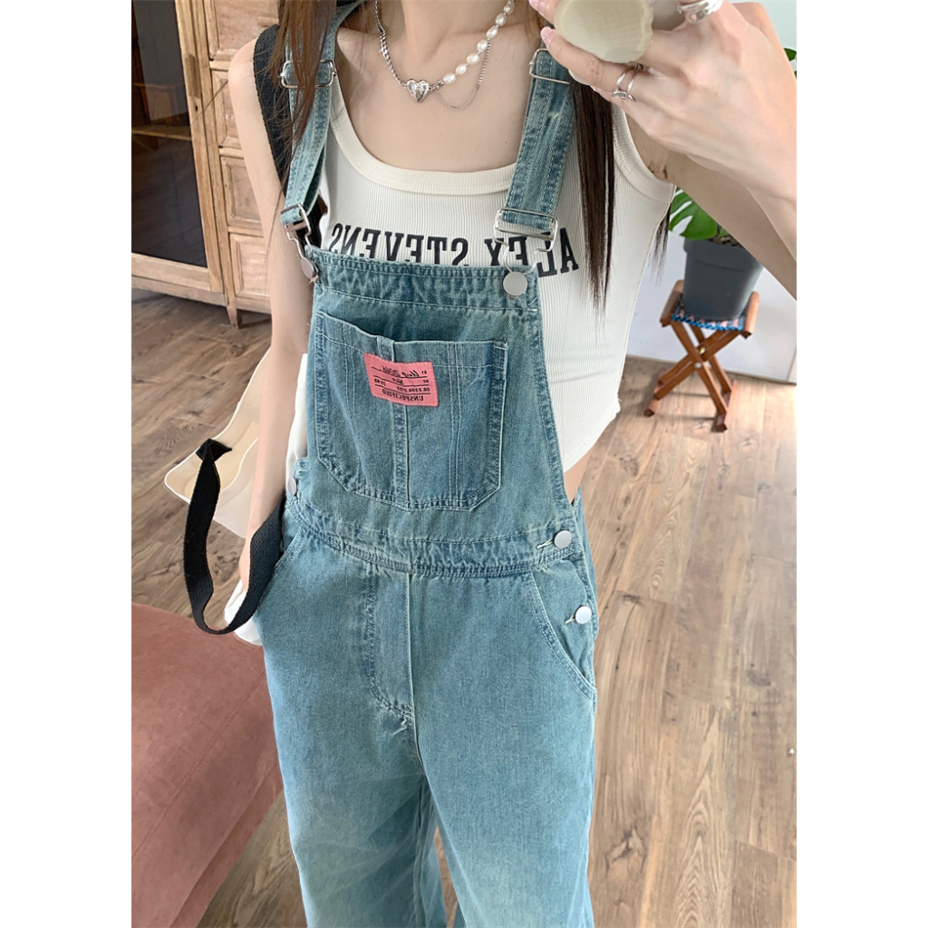 Biru retro Overall Jeans Wanita Celana Katak Gaya Korea yang Trendi