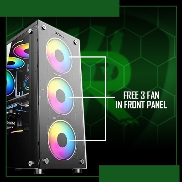 Power Up Raptor Black Strike 1652 - ATX - TG - Free Fan RGB 3pcs
