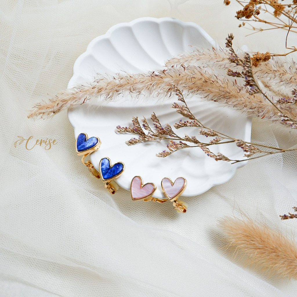 Cellina Earrings | Anting jepit tanpa tindik bentuk hati love biru pink korea cantik aksesoris wanita korean style trendy stylish