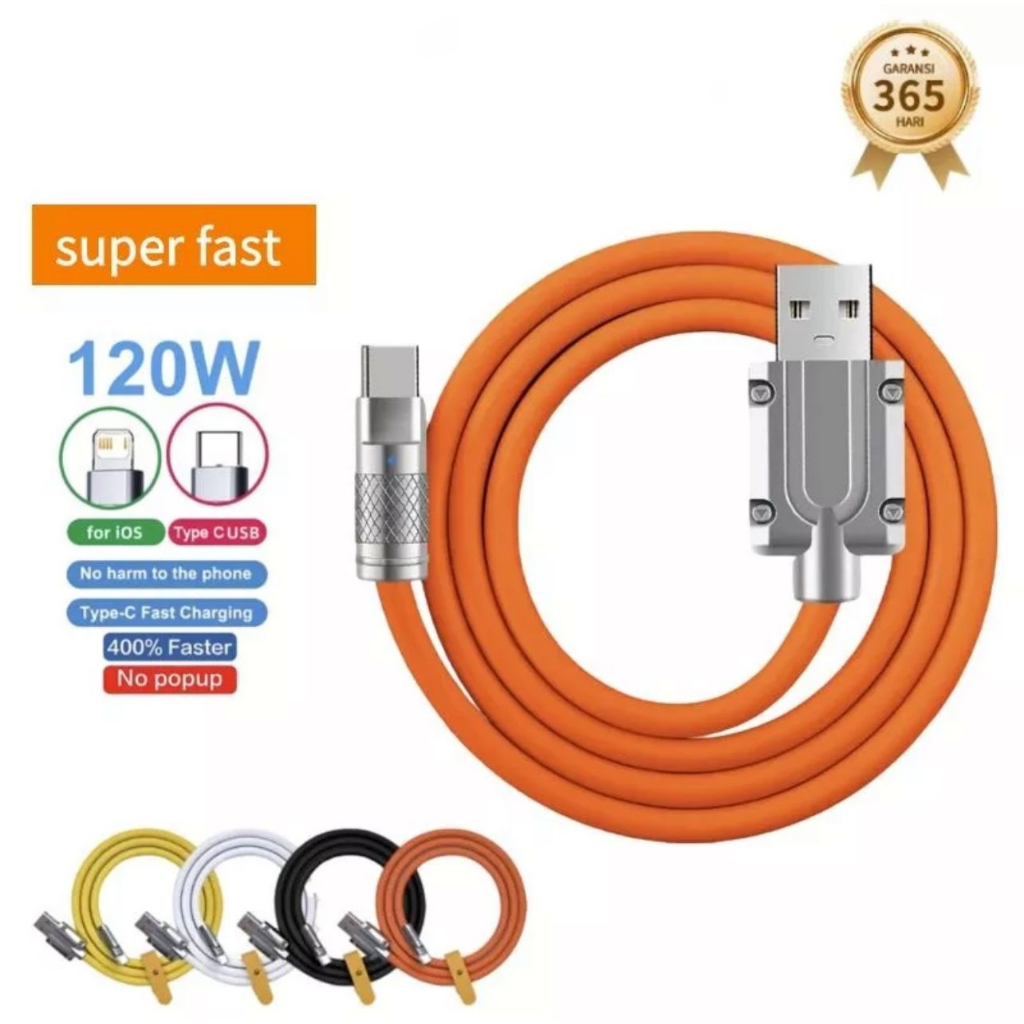 Kabel Data 120W 6A Plat Besi Kabel Tebal Fast Charging Cable For Micro USB / Type C / Lightning / 3in1 ( Micro USB - Type-C - Lightning ) White_Cell