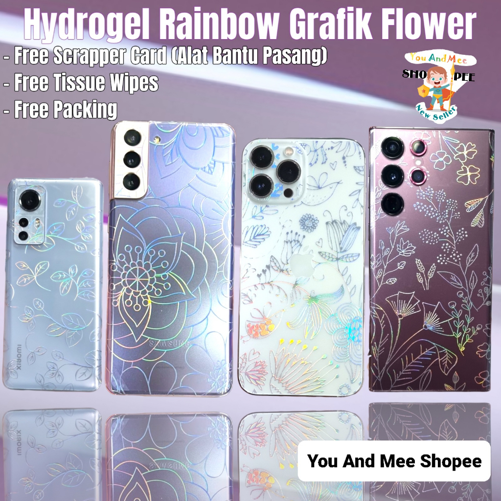 Custom Skin RAINBOW iPhone 14 14Pro 14Promax 13 Mini 13 Pro 13Promax 12 Pro Max Plus Garskin Gar Skotlet Stiker Gambar Motif Garis Simetris AURORA HOLOGRAM BUNGA Belakang Pelindung Anti Jamur CLEAR Murah plastik Tempel Transparent Sticker Back Body Bagus