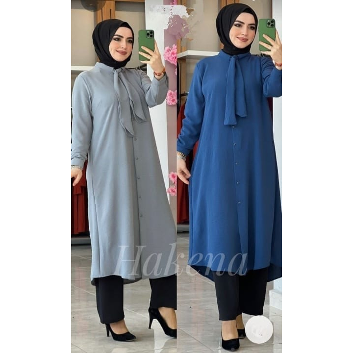 Terbaru Setelan Baju + Celana Wanita Jumbo Qilla Long Set Dewasa Bahan Crinkle Air Flow / Long Tunik Full Kancing COD