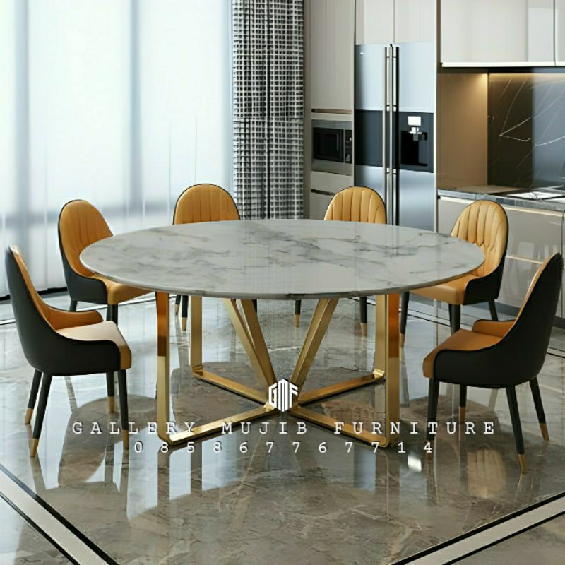 SET MEJA MAKAN BULAT STAINLESS TOP MARMER MEJA MAKAN BUNDAR MARMER CARARA