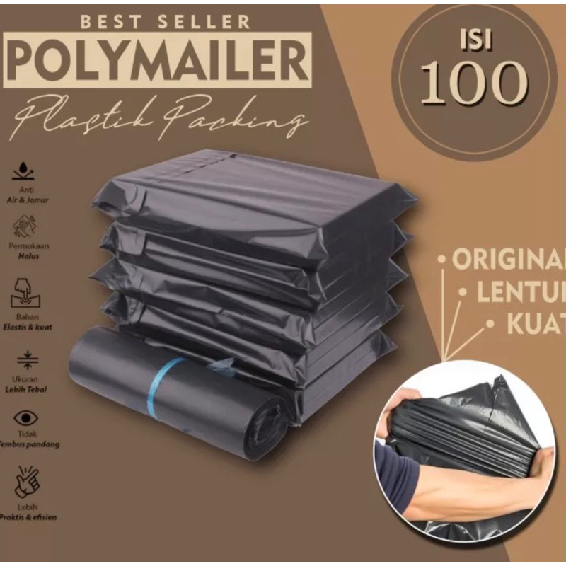 POLYMAILER PLASTIK PACKING ONLINE HITAM + LEM REKAT (isi 100 PCS)/ Packing Online Shop Kantong Amplop Baju Aksesoris