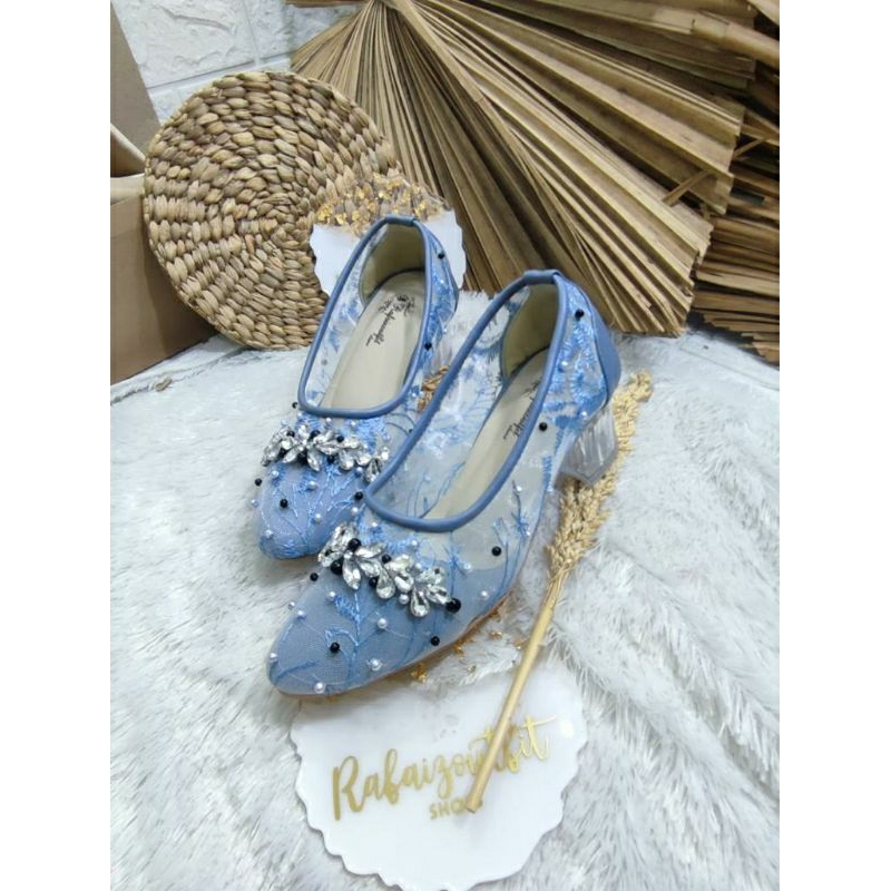 Sepatu wedding pesta Cantik Denim 5cm kaca