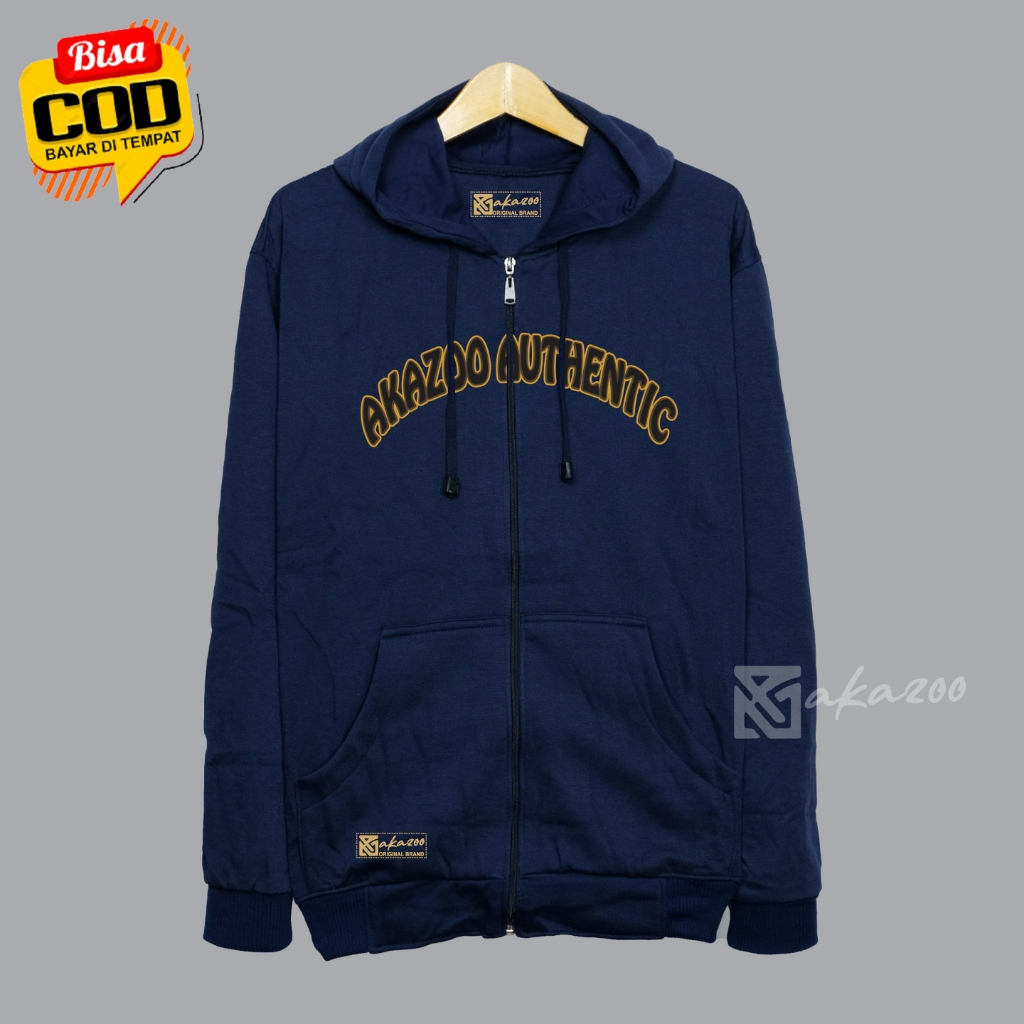 zipper jacket pria resleting akazoo warna navy blue HARTA TAHTA ORANG TUA sablon depan blakang