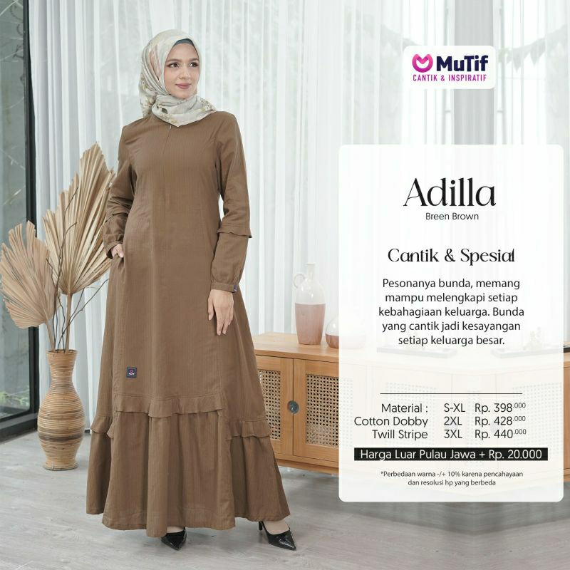 Mutif Adilla Breen Brown Baju Muslim Gamis Dress Casual Premium Terbaru Ori Lebaran 2023 Sarimbit