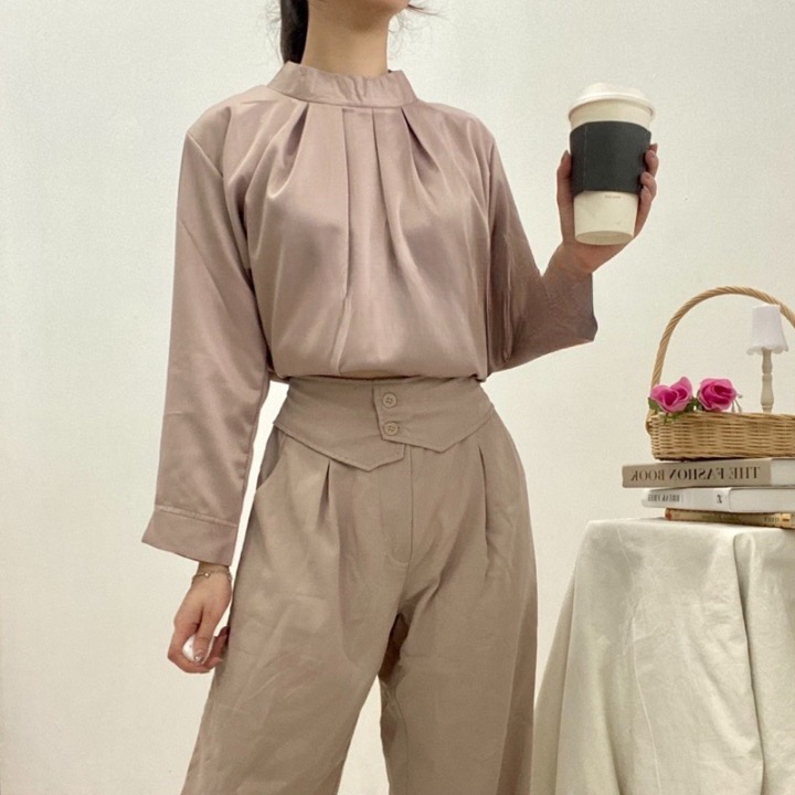 SIBIBASICS - Blouse Satin Wanita Leher Tinggi OOTD Hijab Kekinian Atasan Wanita Korean Style Terbaru