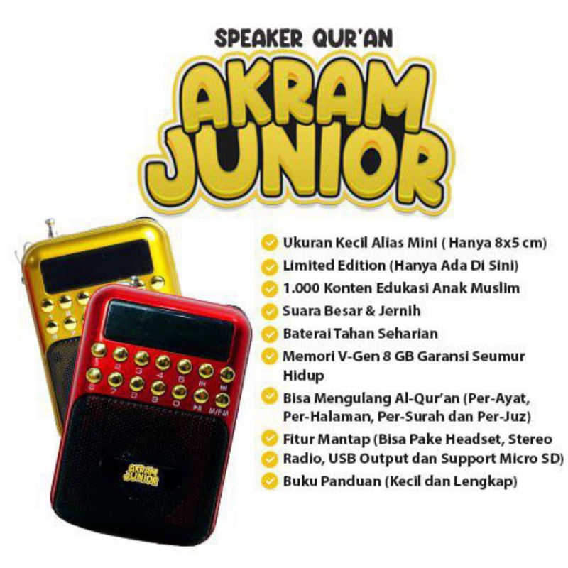 Speaker Murottal Al Akram Junior Spiker Quran Mini Speker Alquran Edukasi Anak Support Headset USB Micro SD Radio FM