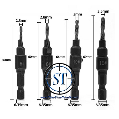 Mata Bor Countersink HSS Drill Bit Set Isi 4 No 6-12 Kayu Plastik Alumunium