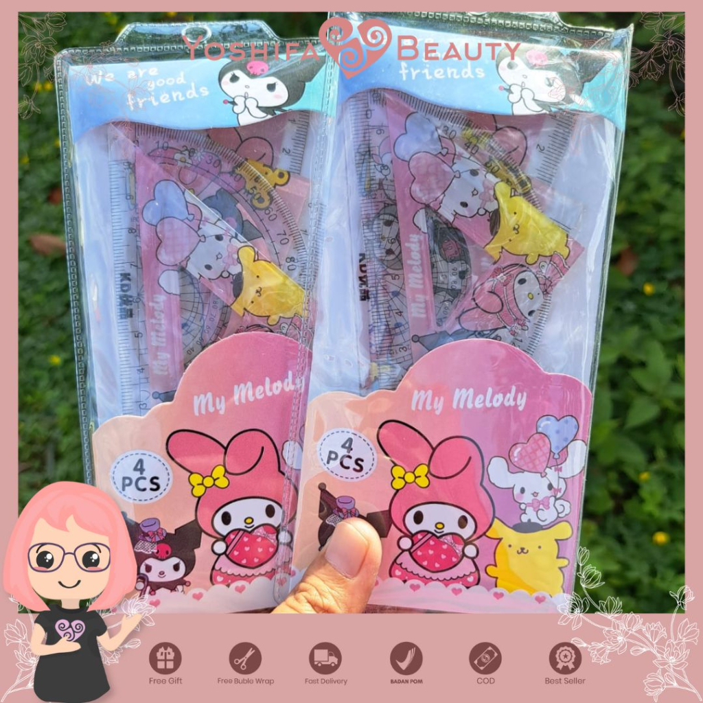 Set Penggaris Kuro Mi IsiI 4 Pcs  | Penggaris Busur Desain Kartun Korea Jepang Lucu