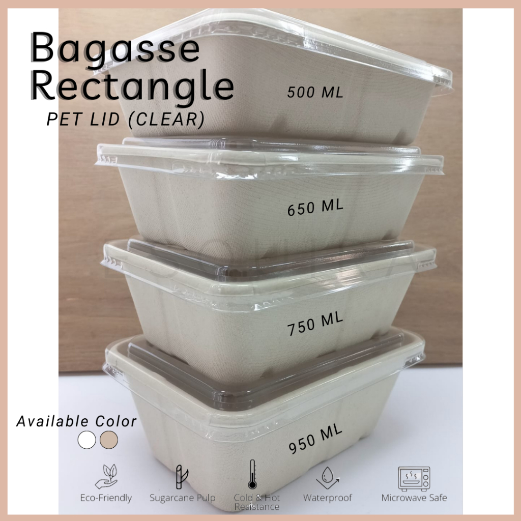 Bagasse Rectangle / Lunch Box 500 ML/Pulp Lid /Mika Lid /10 PCS/ C500,C500X