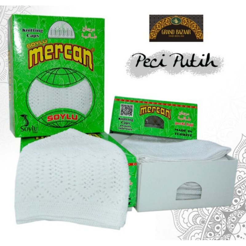 Peci Haji Putih 1lusin (12pcs) peci mercan all size (semua ukuran) peci haji/kopiah putih