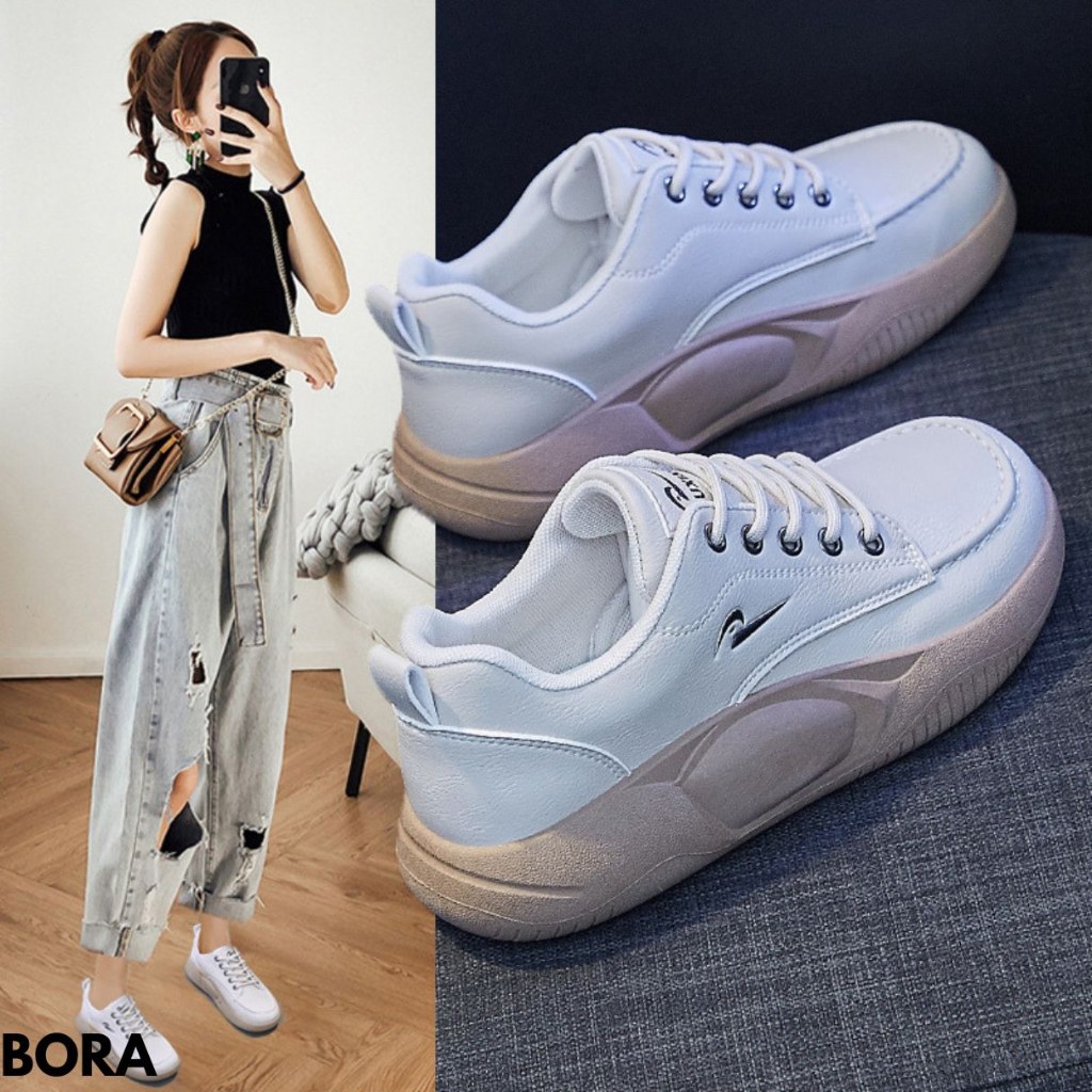 SEPATU SNEAKERS WANITA DESAIN MINIMALIS CAKEP NYAMAN BAGUS KEREN BAHAN PU IMPORT BORA