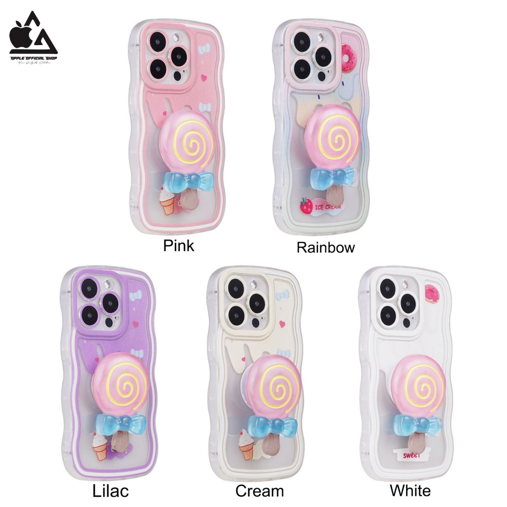 Softcase Lucu 3D Pop Socket Lollipop iPhone 14 Pro Max Plus 14+ 13 Pro Max Korean Pop Soket Popsoket Standing Soft Case Casing Camera Protector Protection Pelindung Kamera Silikon Silicone Jelly Hardcase