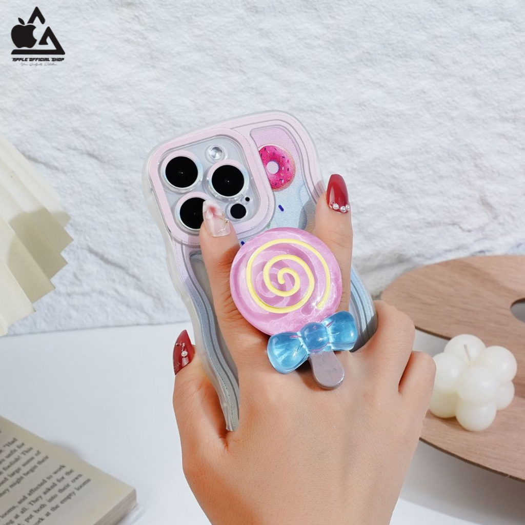 Softcase Lucu 3D Pop Socket Lollipop iPhone 11 PRO MAX 12 PRO MAX X XR  XS MAX 7 8 7+ 8+ SE 2 SE 3 Korean Pop Soket Popsoket Standing Soft Case Casing Camera Protector Protection Pelindung Kamera Silikon Silicone Jelly Hardcase