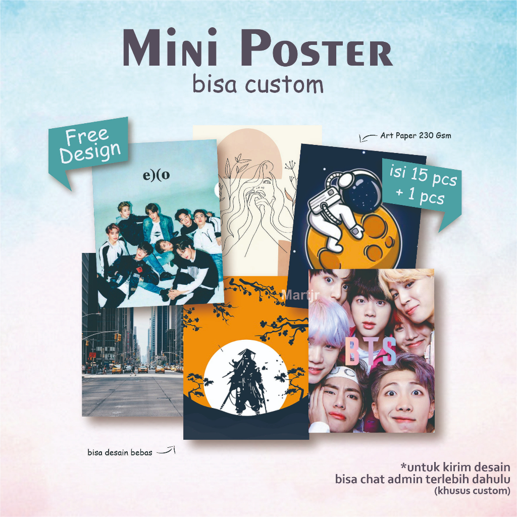 

Mini Poster Wall Decor Aesthetic Kertas Art Paper Tebal Murah dan berkualitas "desain Kpop Bts, Exo, Astronot, Sketsa, Ninja, Custom, Dll" Ukuran 5x6,5 cm