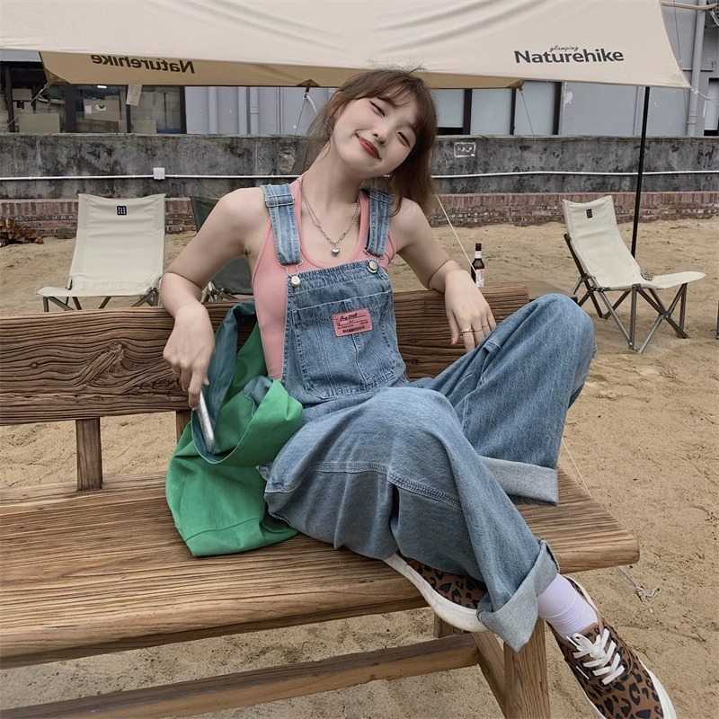 Overall Jumpsuit Jeans Wanita Biru retro Korea Style