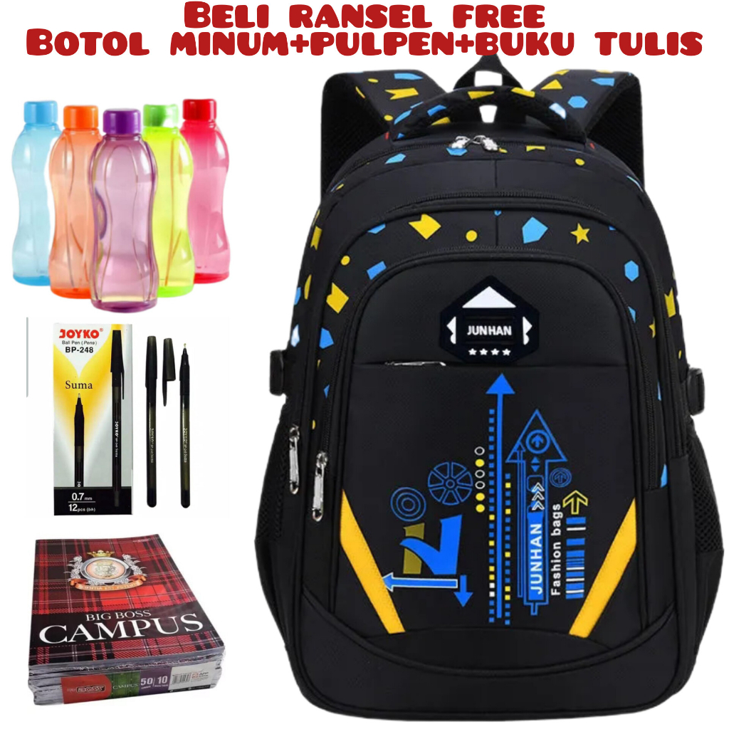 JS_Beli 1 Dapat 4-Tas Ransel Sekolah Anak Laki-laki/Perempuan Backpack Tas Laptop Acer Unisex Tas Sekolah SD/SMP Beli Ransel Free Botol Minum+Pulpen+Buku Tulis