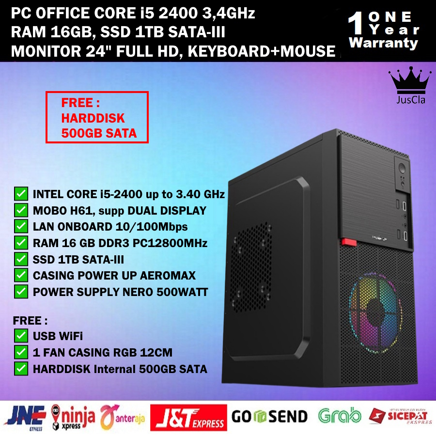 PC OFFICE FULLSET INTEL CORE i5-2400 3,4GHz|RAM 16GB|SSD 1TB|HDD 500GB|KEYBOARD+MOUSE USB|USB WIFI