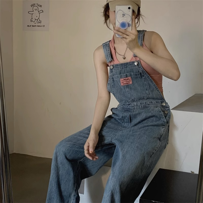Overall Jumpsuit Jeans Wanita Biru retro Korea Style
