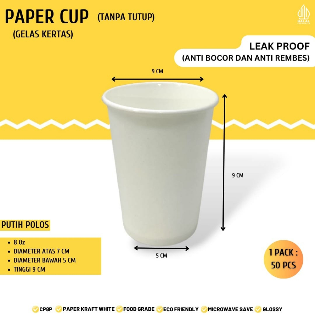 Paper Cup 8 oz Gelas Kertas Gelas Kopi (Isi 50 Pcs-CP8P)