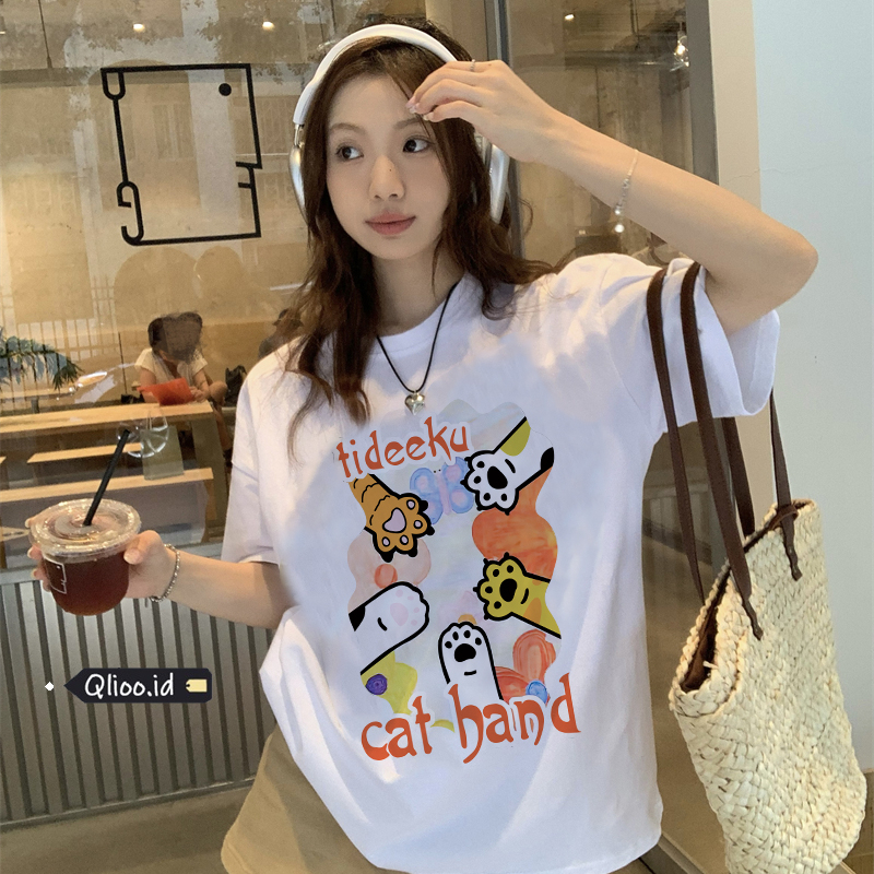 Print T-shirt Kaos Lengan Pendek Cartoon Cat Band Oversize Atasan Wanita Korean Style