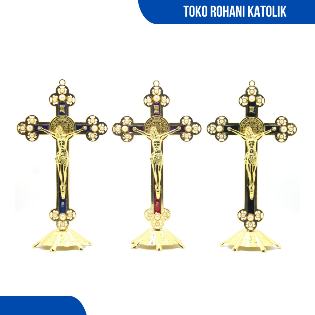 SALIB DUDUK KATOLIK 20 CM (LOGAM-GOLD)/ SALIB BENEDICT / SALIB MEJA / SALIB ALTAR KATOLIK / SALIB BENEDIKTUS