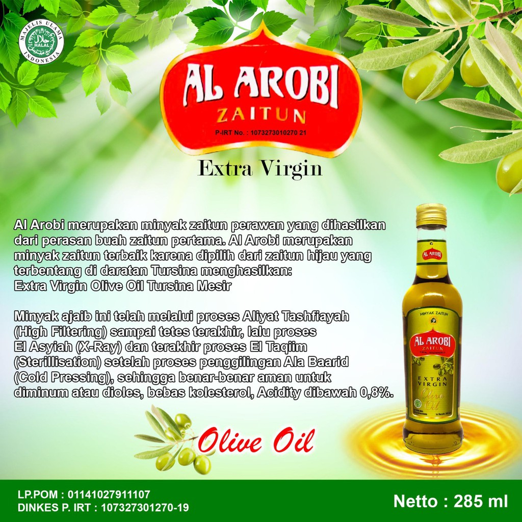 Minyak Zaitun 100% Al Arobi Extra Virgin 285 ml Minyak Zaitun Asli Murni Extra Virgin Untuk Rambut Bisa Langsung Diminum