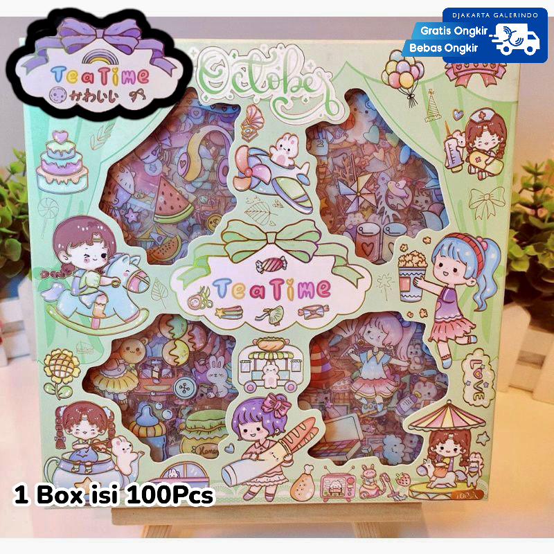 Sticker TEA TIME MOMO ANNE MASU ALICE GLITTER Rainbow Mix Warna Original waterproof Stiker Kartun Korea Anti Air Original isi 100pcs