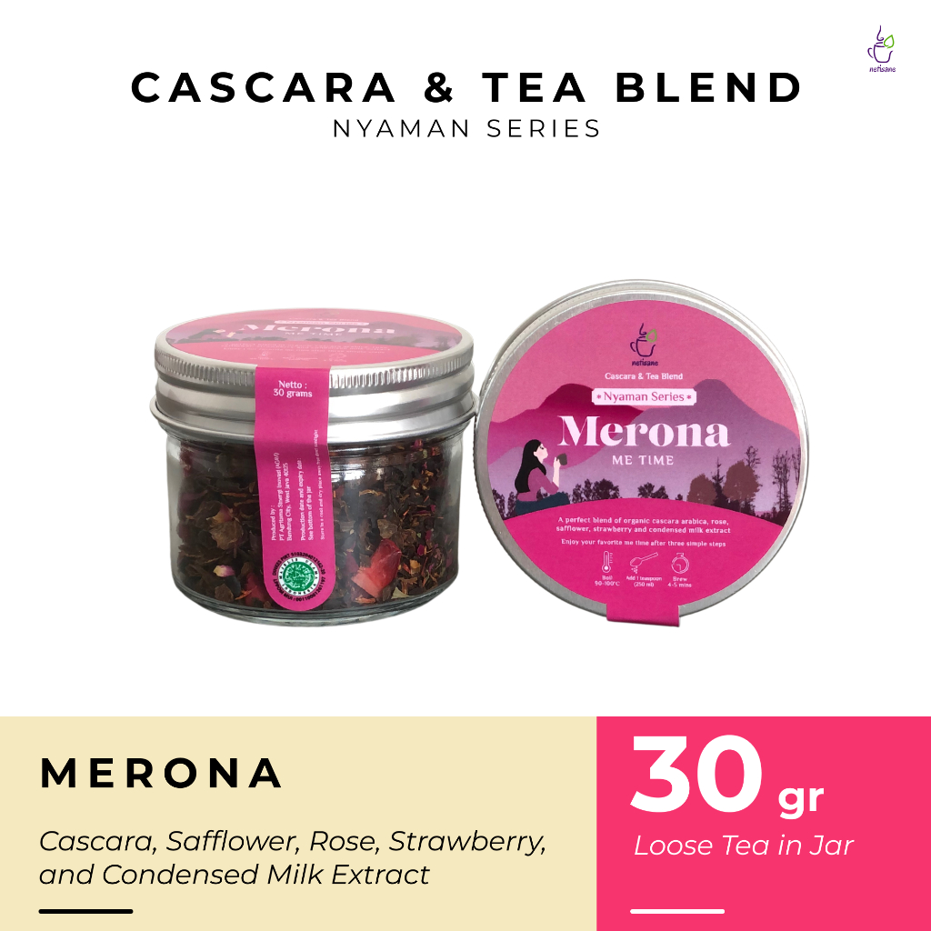 

Netisane Merona (Cascara, Rose, Safflower, Strawberry, dan Condensed Milk Extract) | Netisane Cascara Blend Nyaman Series | Artisan Tea / Teh Herbal | (Loose tea in jar)