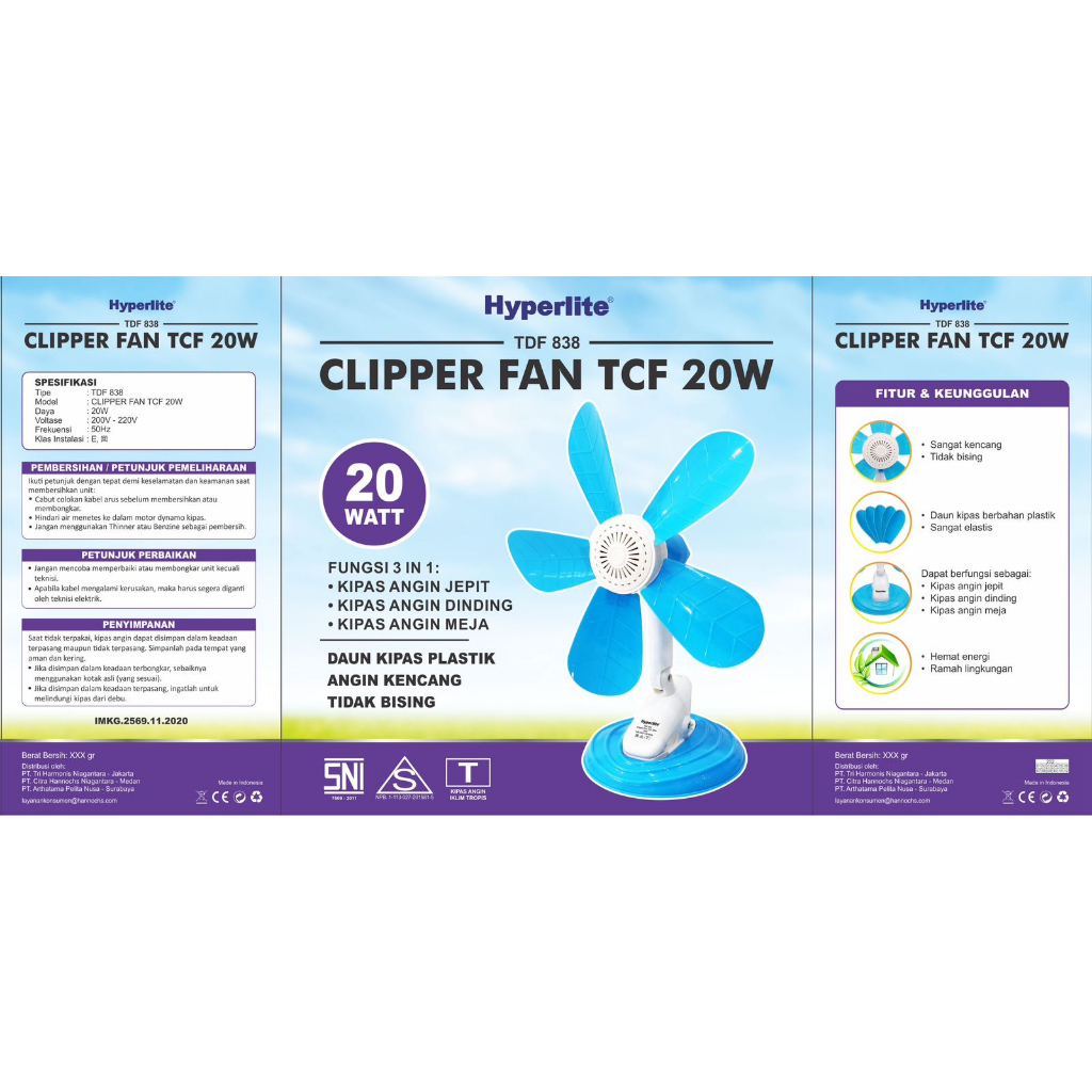 Arashi Hyperlite Clip Fan 20 Watt TCF 20W Clipper Fan Kipas Angin Jepit 3in1