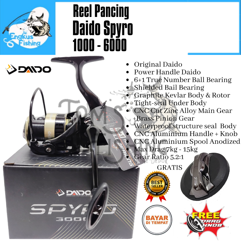 Reel Pancing Daido Spyro 1000 - 6000 (6+1 Bearing) Power Handle Full Seal Bearing - Engkus Fishing