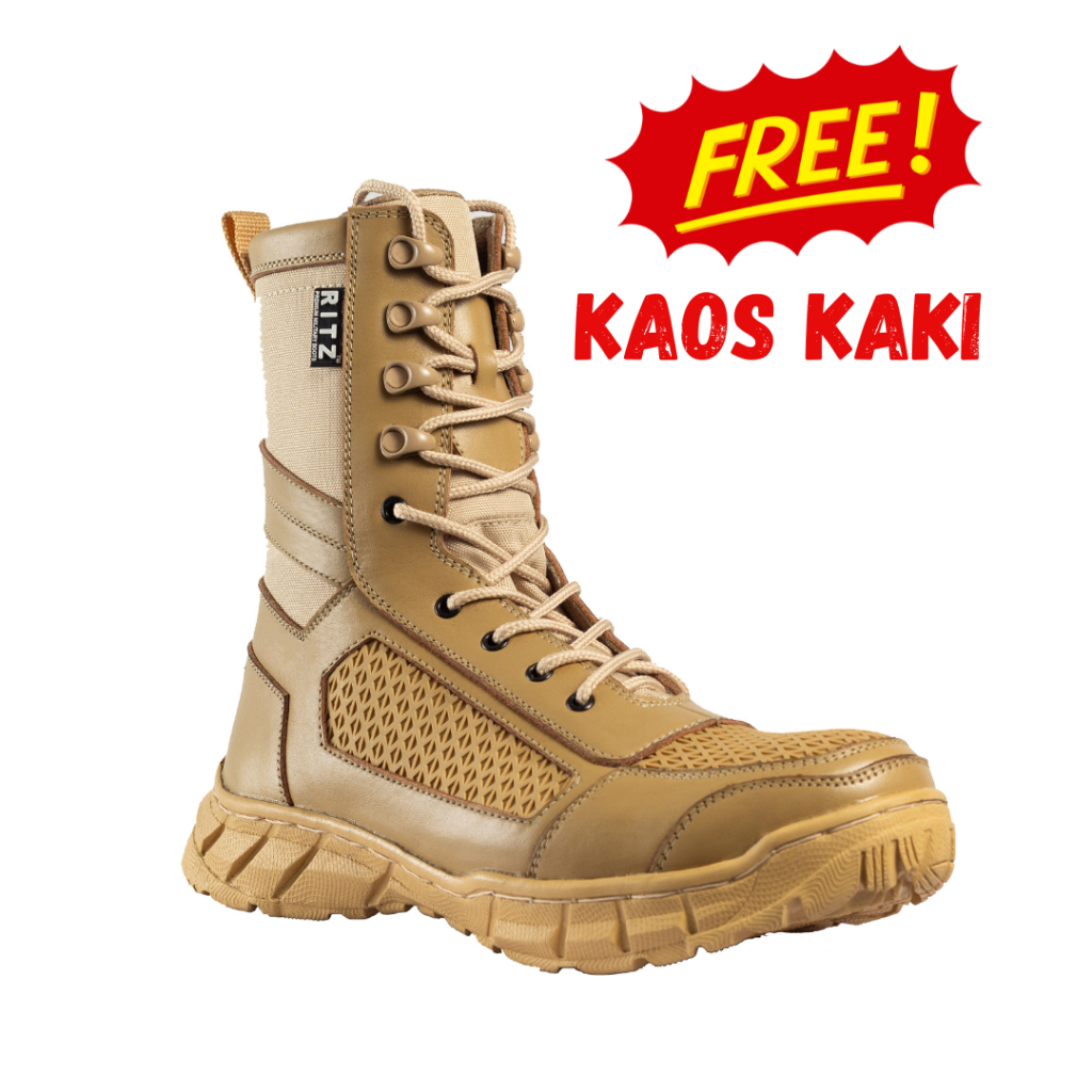 TXARMY Sepatu PDL Boots TNI POLRI Sarang Tawon Kulit Asli Warna Gurun FREE Kaos Kaki