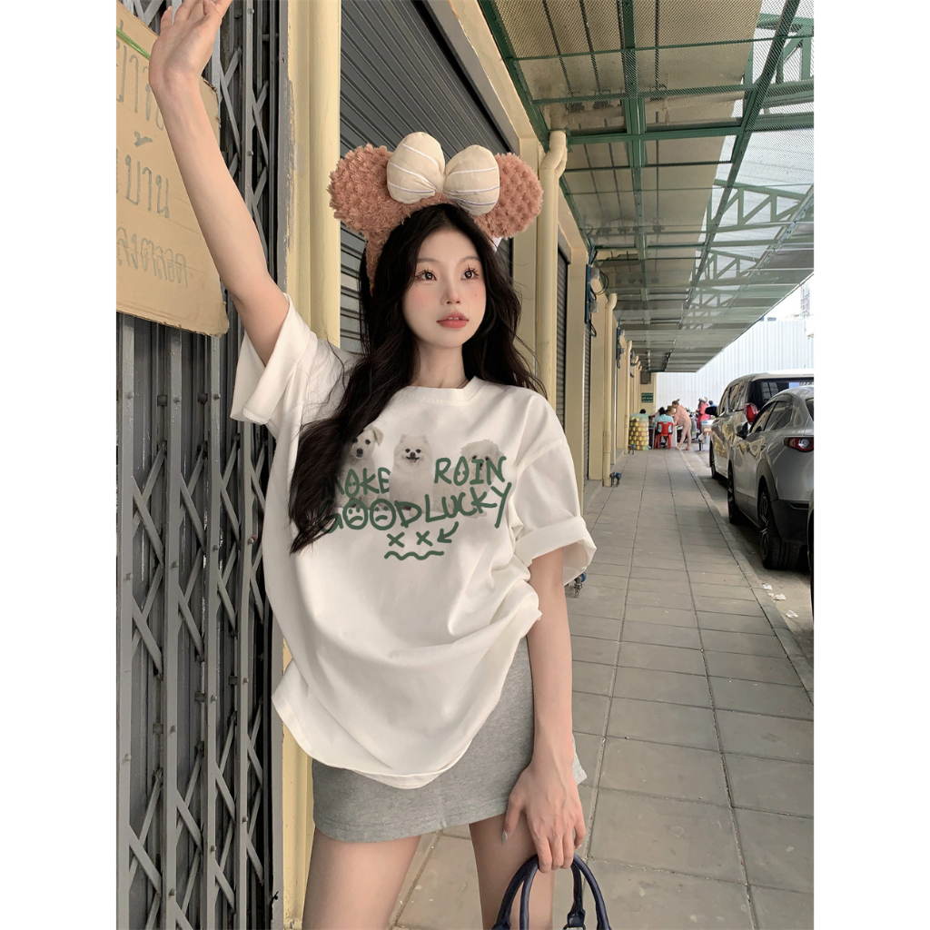 baju kaos wanita lengan pendek korean style cartoon animal graffiti print T-shirt import kaos hitam