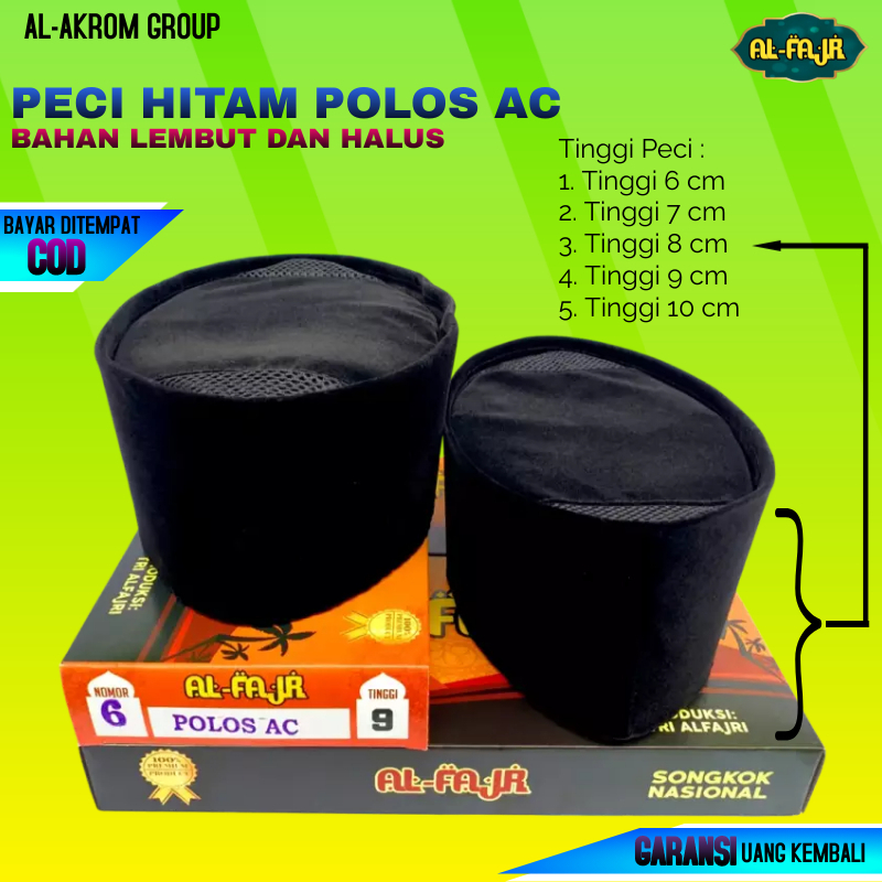 Peci Songkok Hitam Polos AC Tinggi 6,7,8,9,10 cm Untuk Anak dan Dewasa