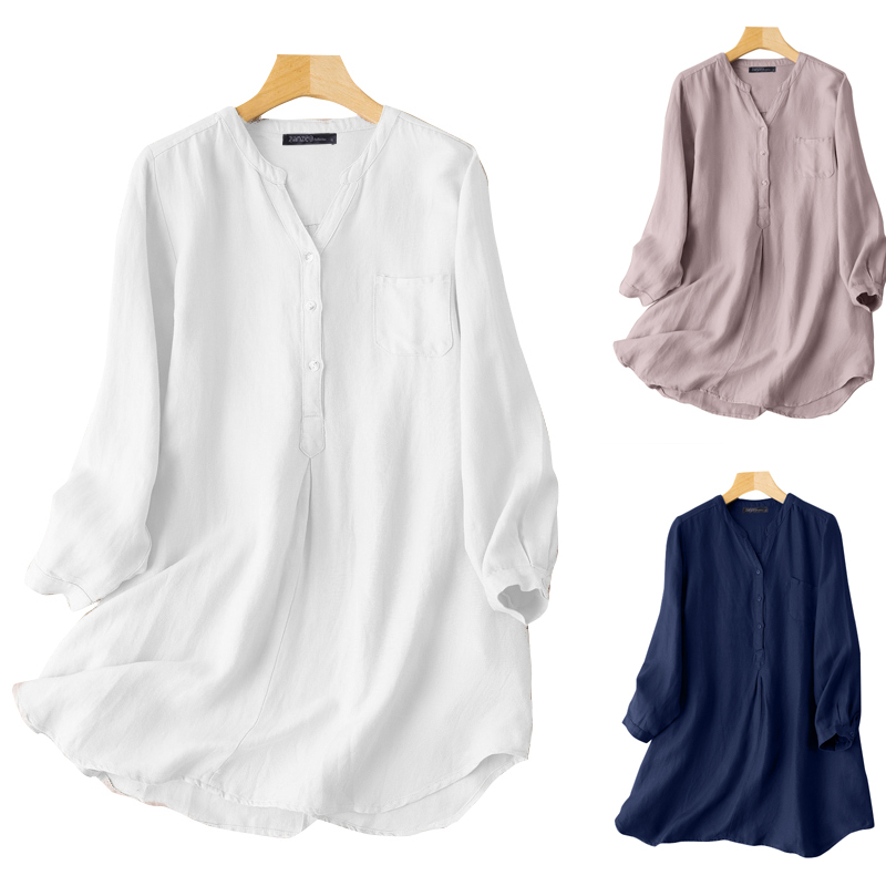 ZANZEA Women Simple Button V-neck Long Sleeve Solid Casual Loose Blouse