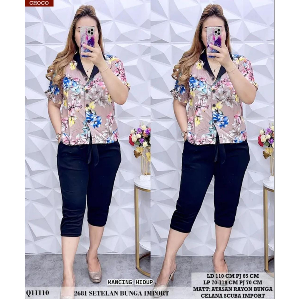 Setelan 2681 Okky baju dan celana wanita motif bunga-bunga dan kancing aktif bahan scuba import dan 