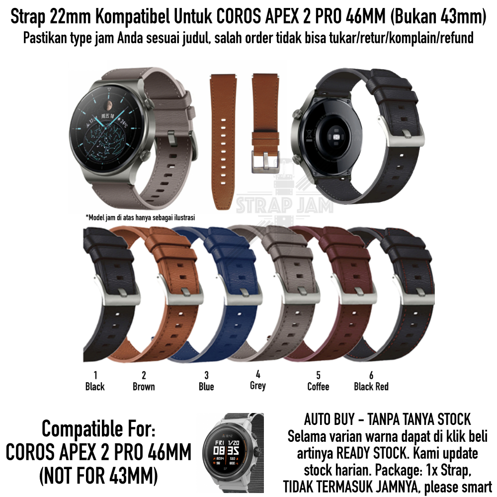 ZGT Tali Jam Coros Apex 2 Pro 46mm - Strap 22mm Leather Kulit Quick Release