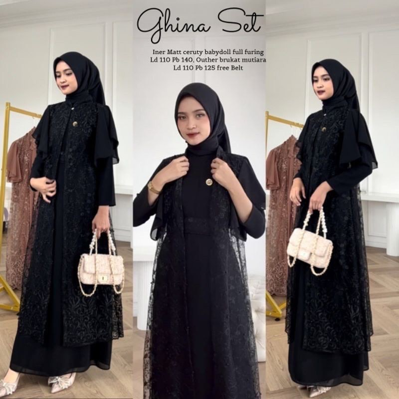 Ghina Set / Set Muslim Inner + Outer / Baju Setelan Wanita Matt Ceruty Babydoll Mix Brukat / Terlaris / GOM