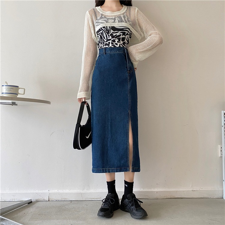 A-Line Highwaist Celah Samping Rok Jeans Kekinian