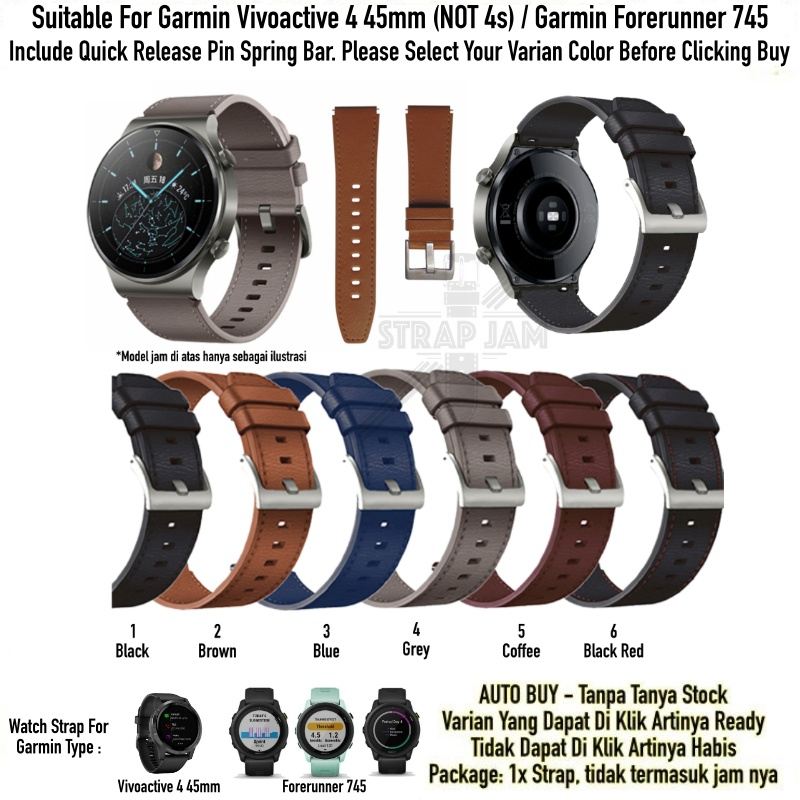 ZGT Tali Jam Garmin Vivoactive 4 45mm / Forerunner 745 - Strap 22mm Leather Kulit Quick Release