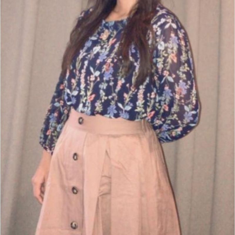 Floral Korean Blouse Navy